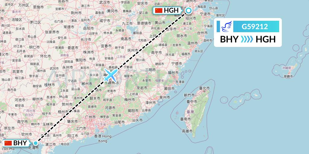G59212 China Express Airlines Flight Map: Beihai to Hangzhou