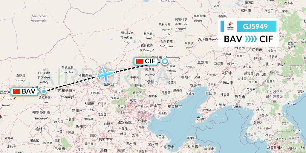 GJ5949 Loong Airlines Flight Map: Baotou to Chifeng