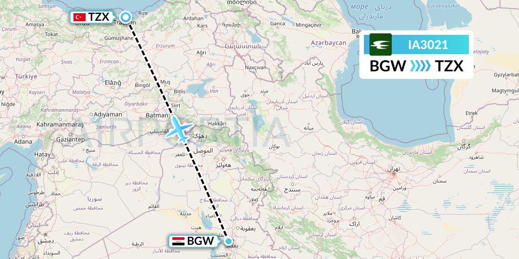 IA3021 Iraqi Airways Flight Map: Baghdad to Trabzon