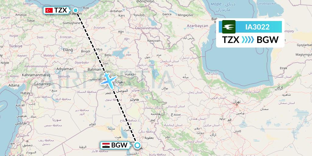 IA3022 Iraqi Airways Flight Map: Trabzon to Baghdad