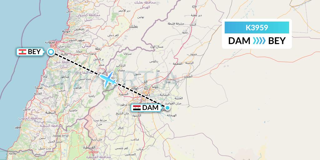 K3959 Taquan Air Flight Map: Damascus to Beirut