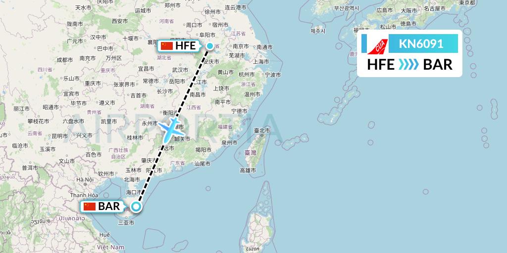 KN6091 China United Airlines Flight Map: Hefei to Qionghai