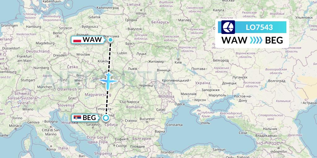 LO7543 LOT Flight Map: Warsaw to Belgrade
