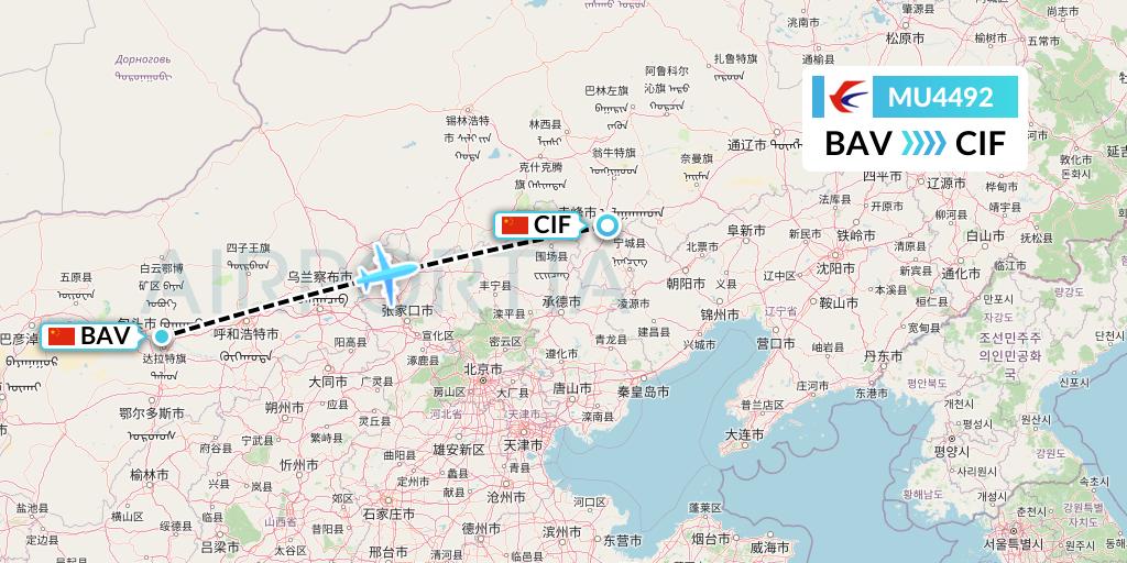 MU4492 China Eastern Airlines Flight Map: Baotou to Chifeng