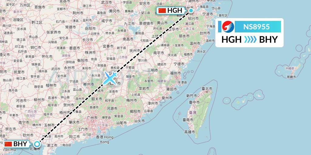 NS8955 Hebei Airlines Flight Map: Hangzhou to Beihai