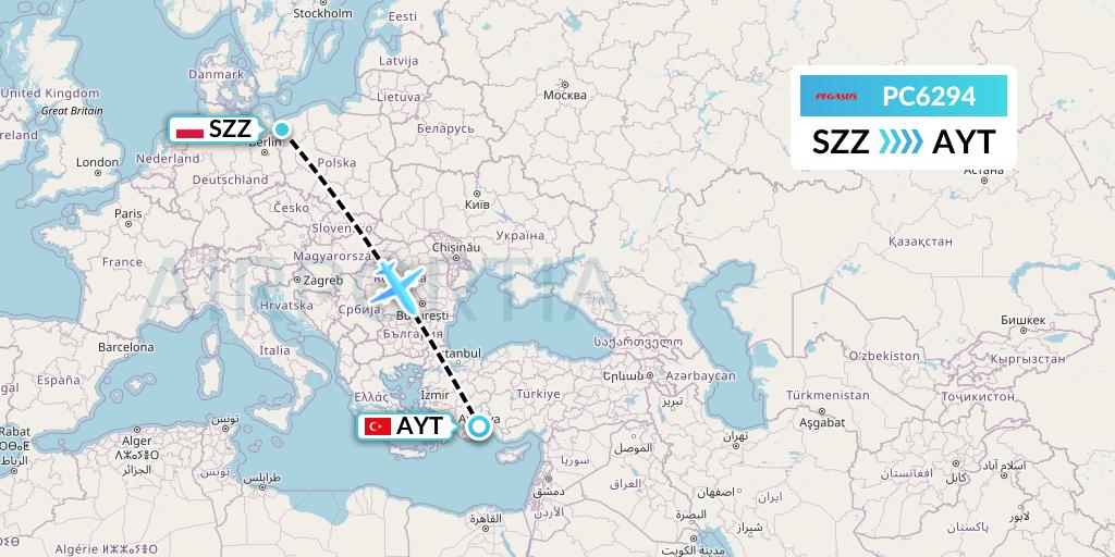 PC6294 Pegasus Airlines Flight Map: Szczecin to Antalya