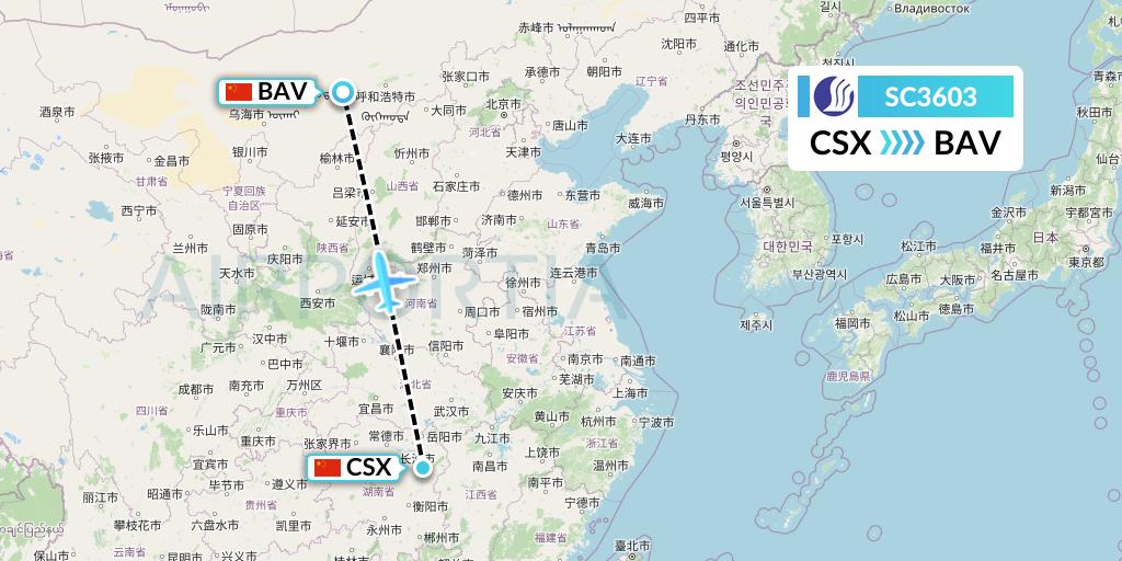 SC3603 Shandong Airlines Flight Map: Changsha to Baotou