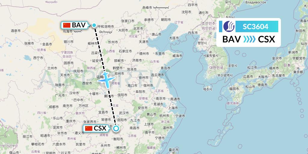SC3604 Shandong Airlines Flight Map: Baotou to Changsha