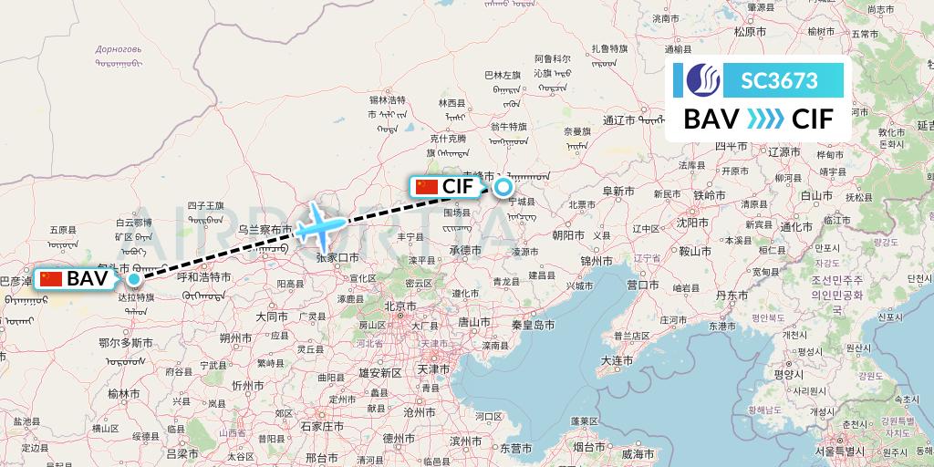 SC3673 Shandong Airlines Flight Map: Baotou to Chifeng