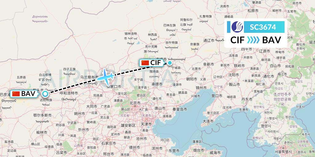 SC3674 Shandong Airlines Flight Map: Chifeng to Baotou