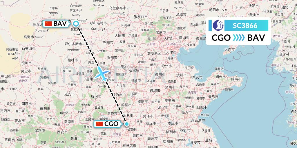 SC3866 Shandong Airlines Flight Map: Zhengzhou to Baotou