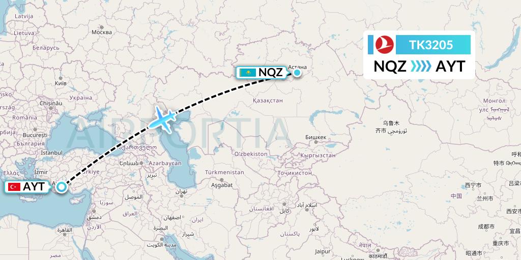 TK3205 Turkish Airlines Flight Map: Astana to Antalya