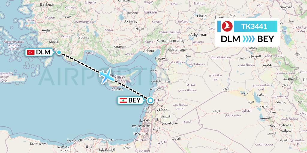 TK3441 Turkish Airlines Flight Map: Dalaman to Beirut