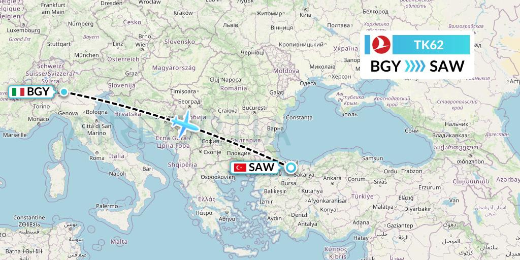 TK62 Turkish Airlines Flight Map: Milan to Istanbul