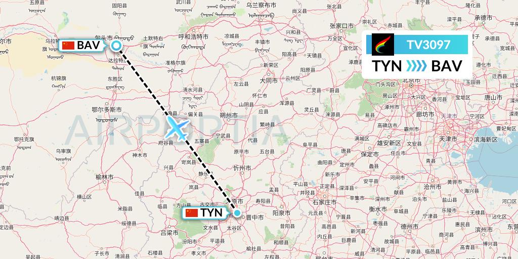 TV3097 Tibet Airlines Flight Map: Taiyuan to Baotou