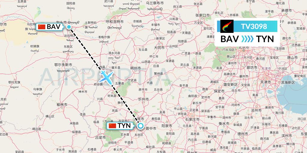 TV3098 Tibet Airlines Flight Map: Baotou to Taiyuan