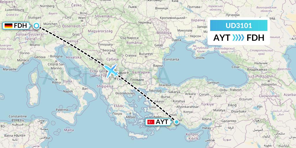 UD3101 UR Airlines Flight Map: Antalya to Friedrichshafen