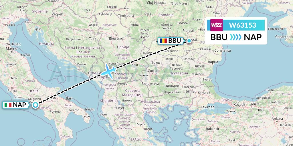 W63153 Wizz Air Flight Map: Bucharest to Naples