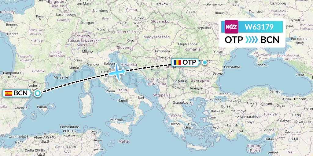 W63179 Wizz Air Flight Map: Bucharest to Barcelona
