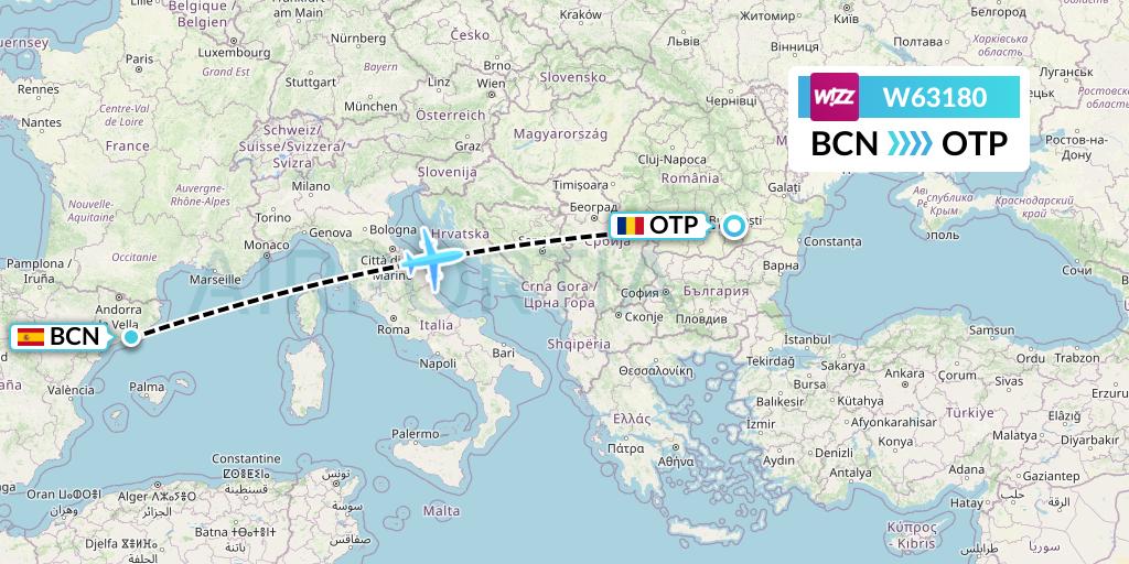 W63180 Wizz Air Flight Map: Barcelona to Bucharest