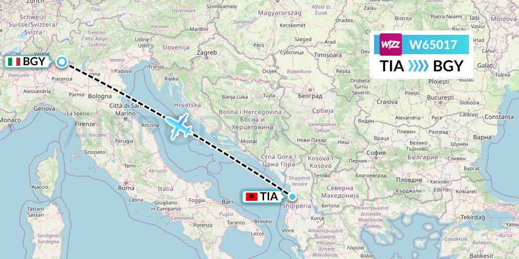 W65017 Wizz Air Flight Map: Tirana to Milan