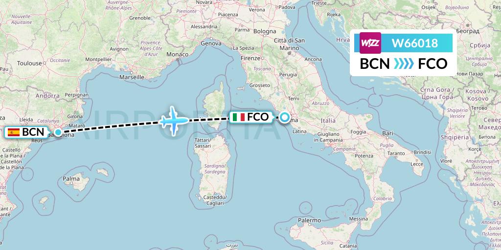 W66018 Wizz Air Flight Map: Barcelona to Rome