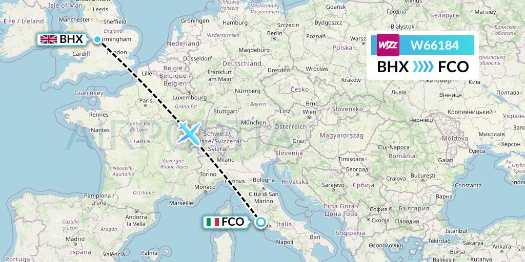 W66184 Wizz Air Flight Map: Birmingham to Rome