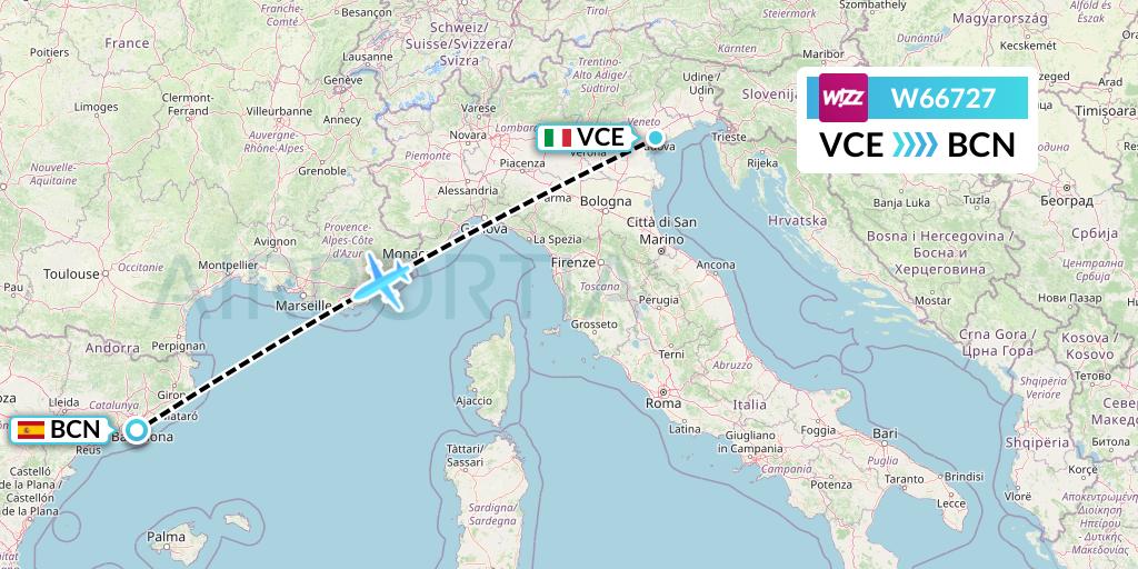 W66727 Wizz Air Flight Map: Venice to Barcelona