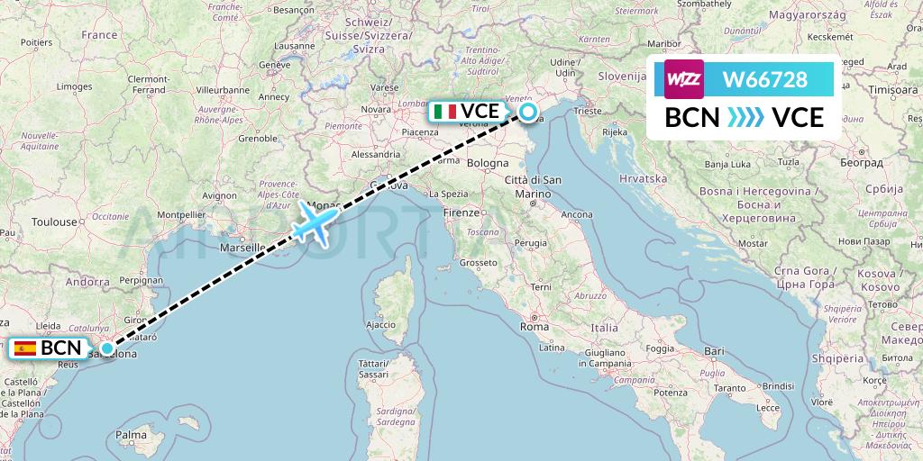 W66728 Wizz Air Flight Map: Barcelona to Venice