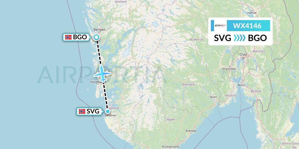 WX4146 Cityjet Flight Map: Stavanger to Bergen