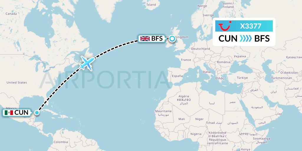 X3377 TUI fly Germany Flight Map: Cancun to Belfast