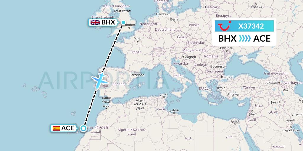 X37342 TUI fly Germany Flight Map: Birmingham to Lanzarote