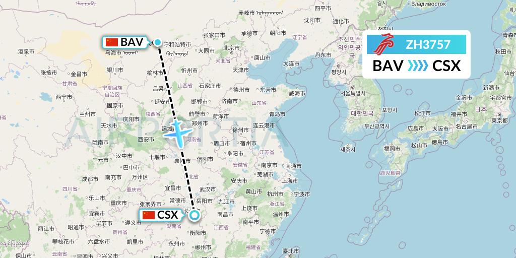 ZH3757 Shenzhen Airlines Flight Map: Baotou to Changsha