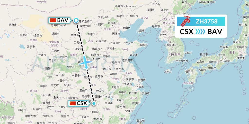 ZH3758 Shenzhen Airlines Flight Map: Changsha to Baotou
