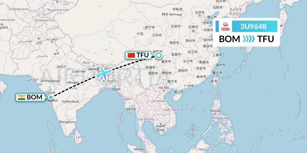 3U9648 Sichuan Airlines Flight Map: Mumbai to Chengdu