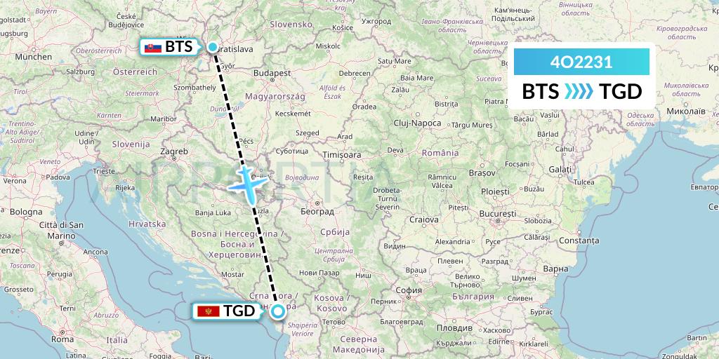 4O2231 Air Montenegro Flight Map: Bratislava to Podgorica