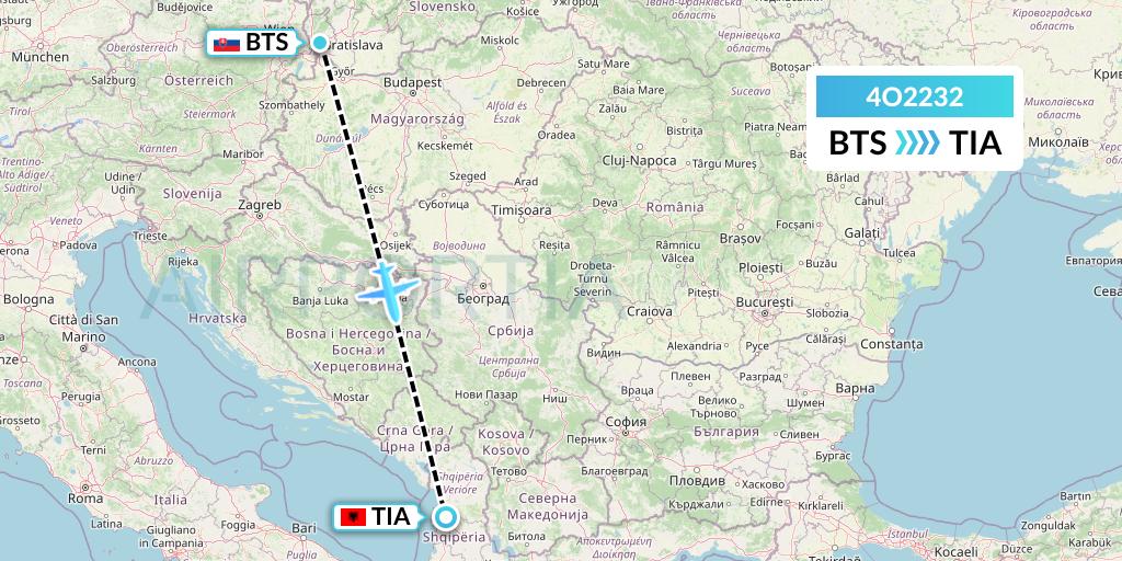 4O2232 Air Montenegro Flight Map: Bratislava to Tirana