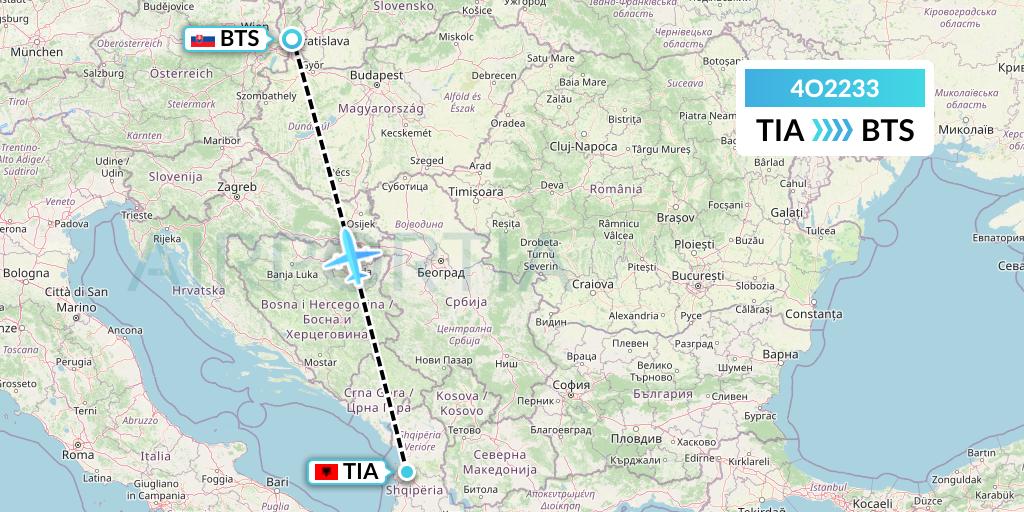 4O2233 Air Montenegro Flight Map: Tirana to Bratislava