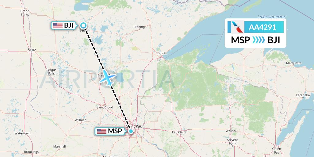 AA4291 American Airlines Flight Map: Minneapolis to Bemidji
