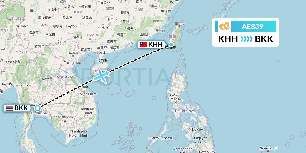AE839 Mandarin Airlines Flight Map: Kaohsiung to Bangkok