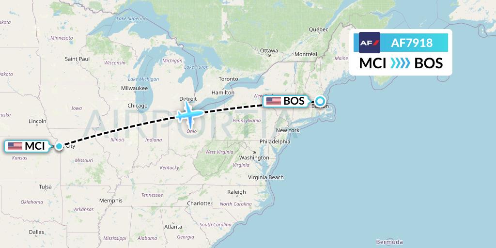 AF7918 Air France Flight Map: Kansas City to Boston
