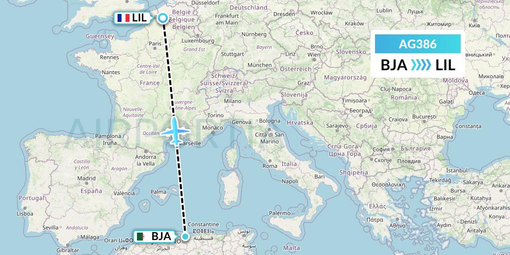 AG386 Aruba Airlines Flight Map: Bejaia to Lille