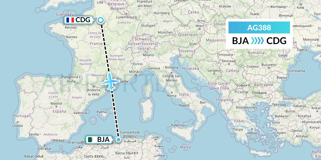 AG388 Aruba Airlines Flight Map: Bejaia to Paris