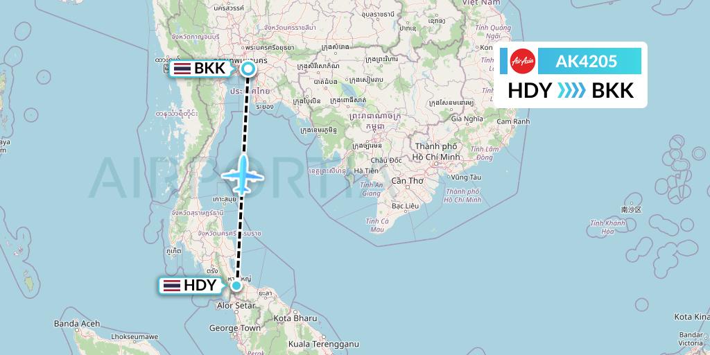 AK4205 AirAsia Flight Map: Hat Yai to Bangkok