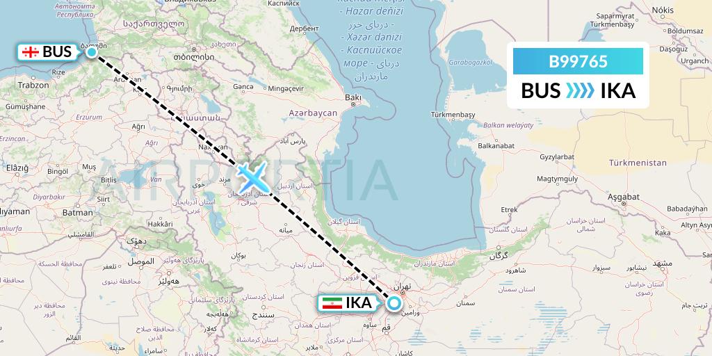 B99765 Iran Air Tours Flight Map: Batumi to Tehran
