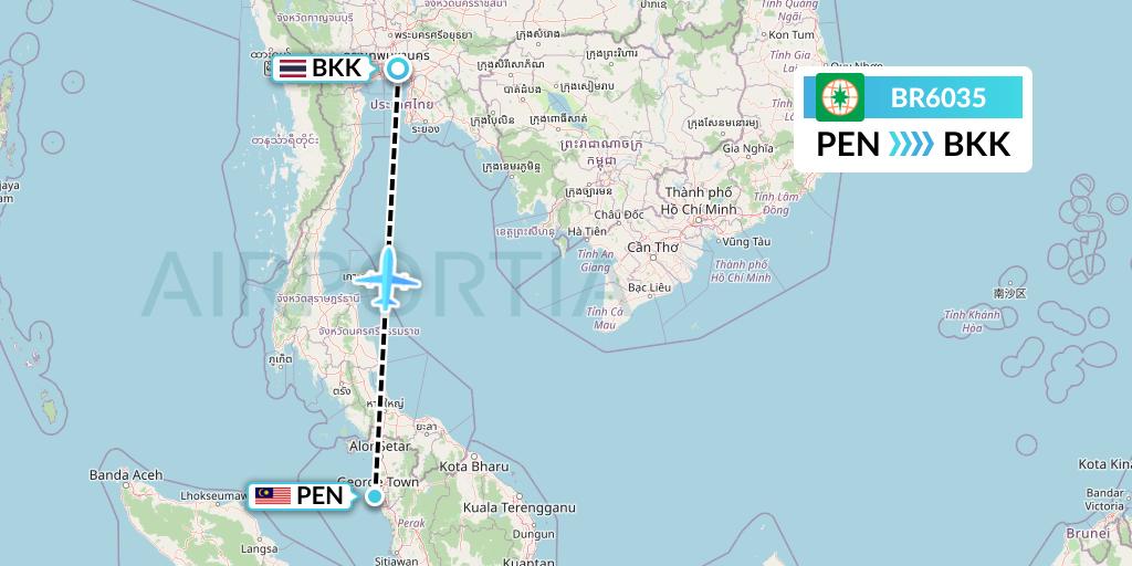 BR6035 EVA Air Flight Map: Penang to Bangkok