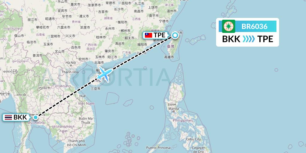 BR6036 EVA Air Flight Map: Bangkok to Taipei