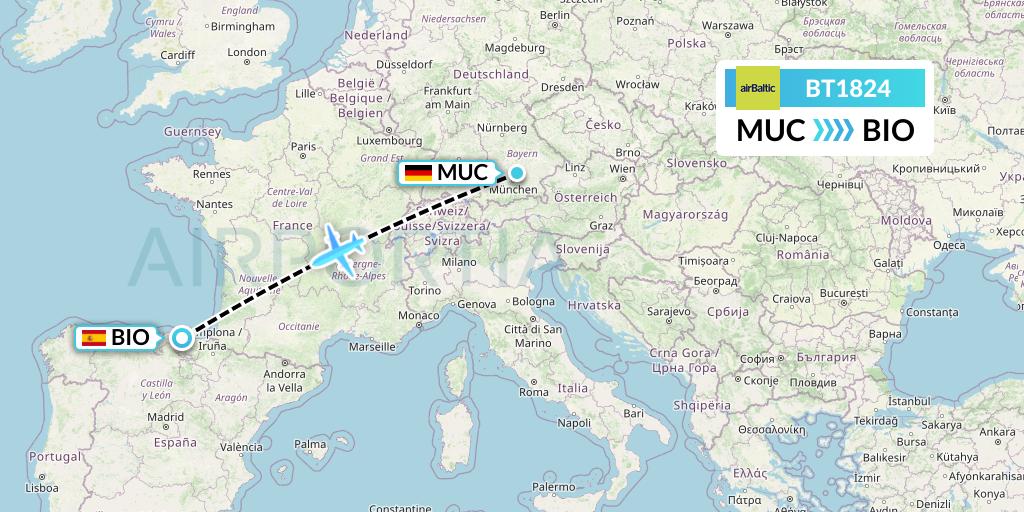 BT1824 Air Baltic Flight Map: Munich to Bilbao