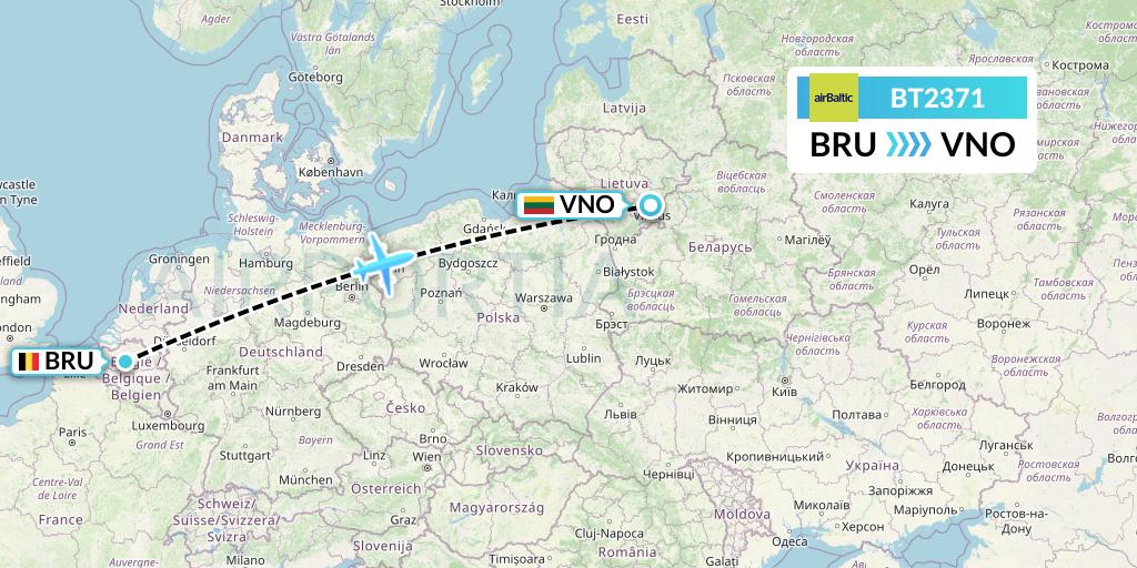 BT2371 Air Baltic Flight Map: Brussels to Vilnius