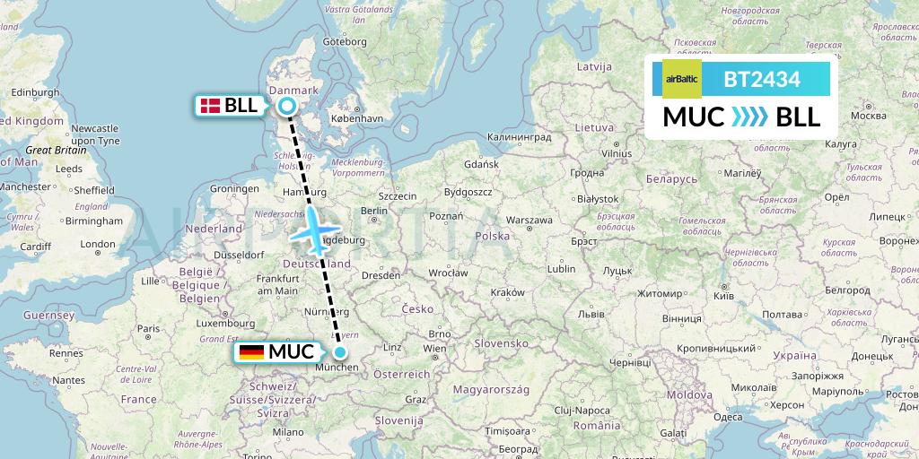 BT2434 Air Baltic Flight Map: Munich to Billund